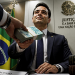 Homem de terno recebendo maço de dinheiro RPV, com bandeira do Brasil e balança da justiça.