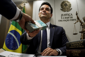 Homem de terno recebendo maço de dinheiro RPV, com bandeira do Brasil e balança da justiça.