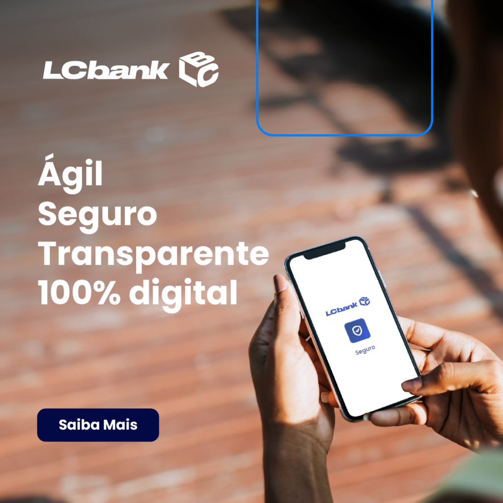Logo LCbank e celular com app de seguro. Texto: Ágil, Seguro, Transparente, 100% digital.